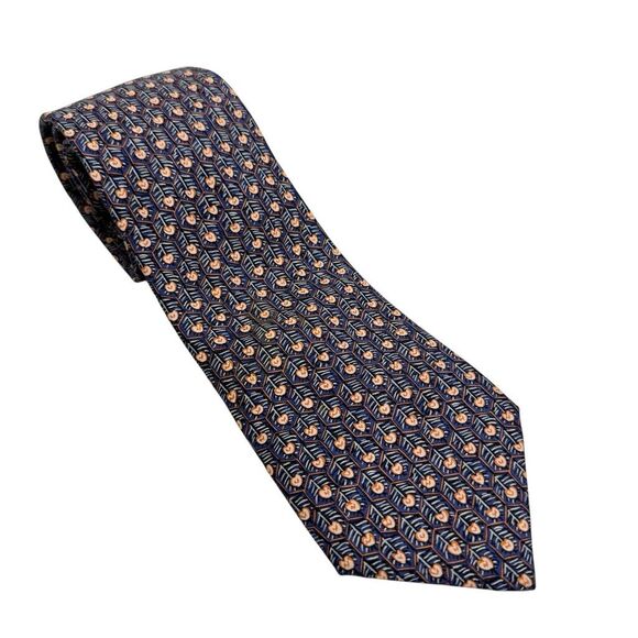 Hermes Paris Men's Blue Honeycomb Hearts Abstract Pattern Silk Necktie - Picture 3 of 9